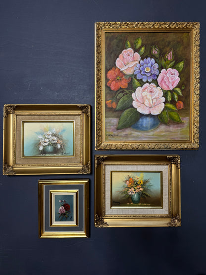 Vintage Floral Oil Painting Gallery Set in Ornate Gold Frames
