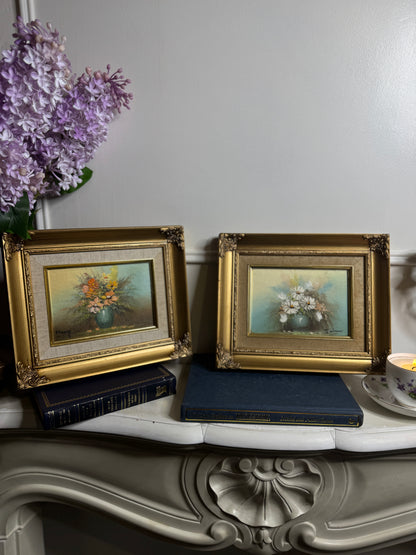 Vintage Floral Oil Painting Gallery Set in Ornate Gold Frames