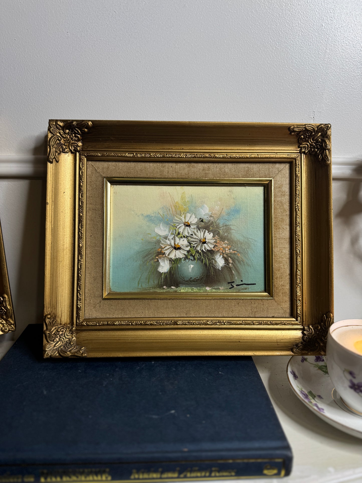 Vintage Floral Oil Painting Gallery Set in Ornate Gold Frames