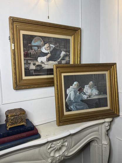 Antique Print Pair in Gold Gilt Antique Frame