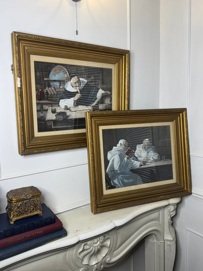 Antique Print Pair in Gold Gilt Antique Frame