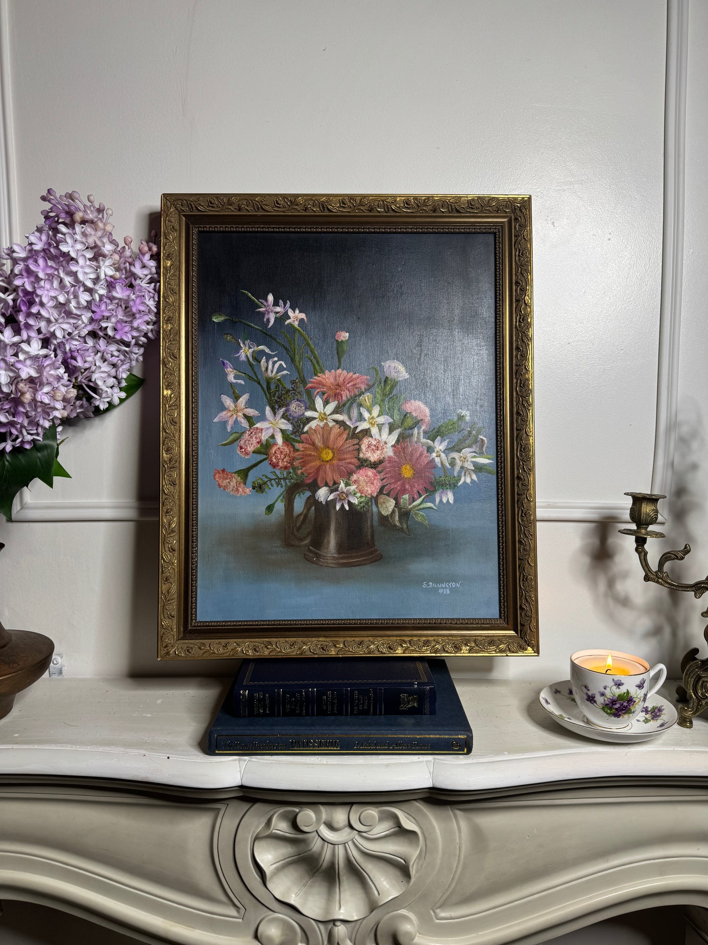 Vintage Floral Oil Painting, S. Billington, Gold Gilt Frame (53 x 42 cm)