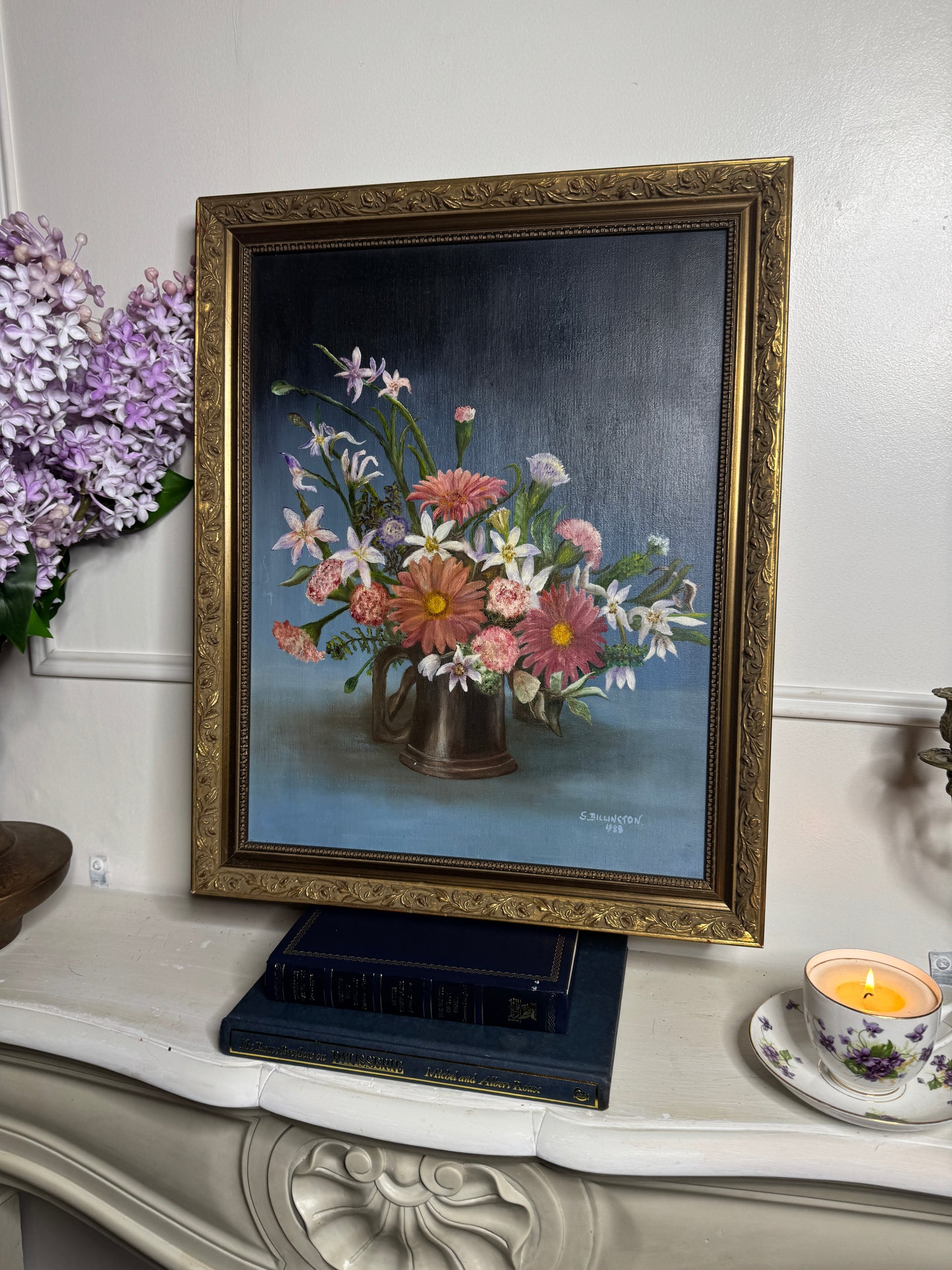 Vintage Floral Oil Painting, S. Billington, Gold Gilt Frame (53 x 42 cm)
