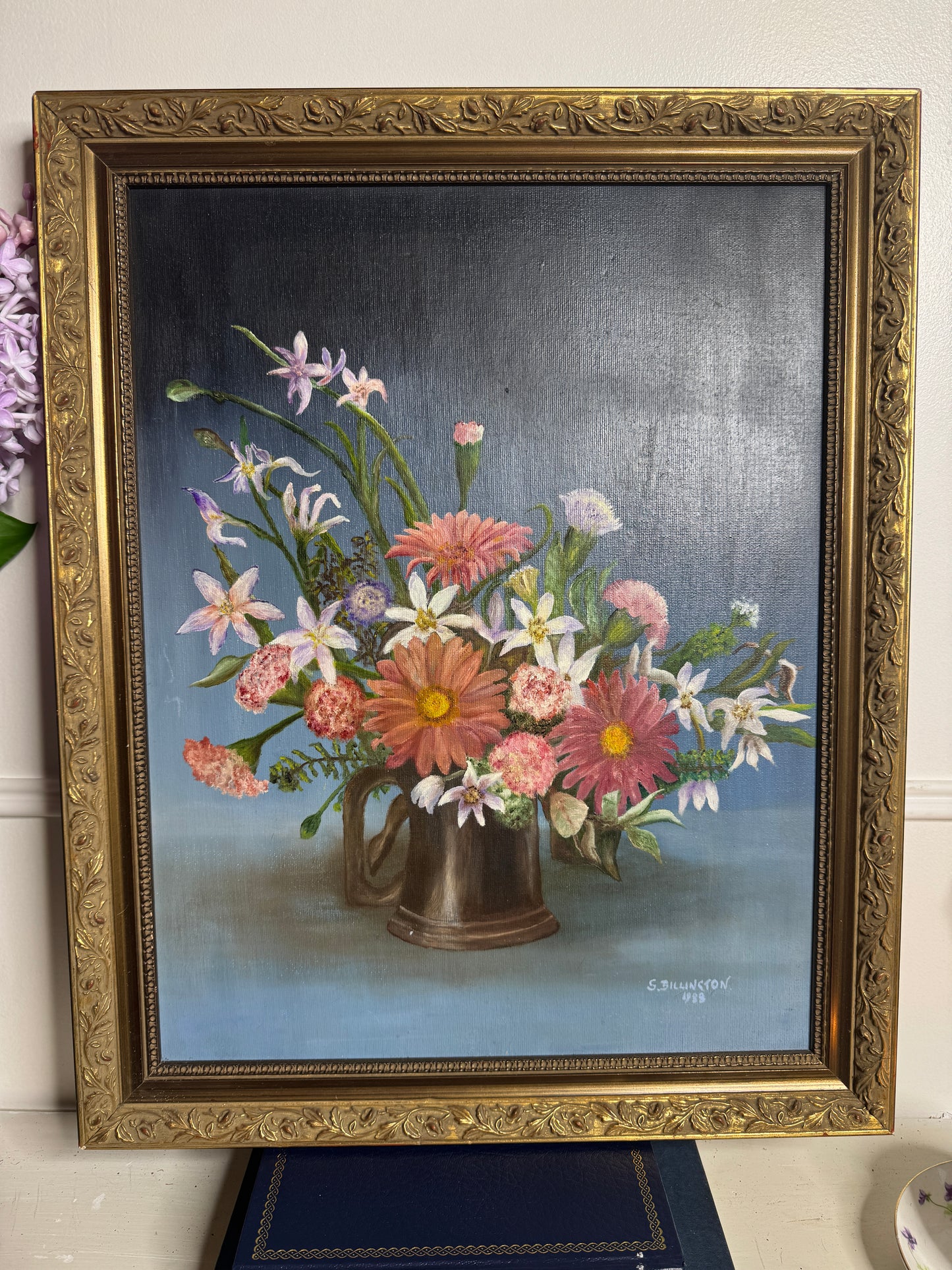 Vintage Floral Oil Painting, S. Billington, Gold Gilt Frame (53 x 42 cm)
