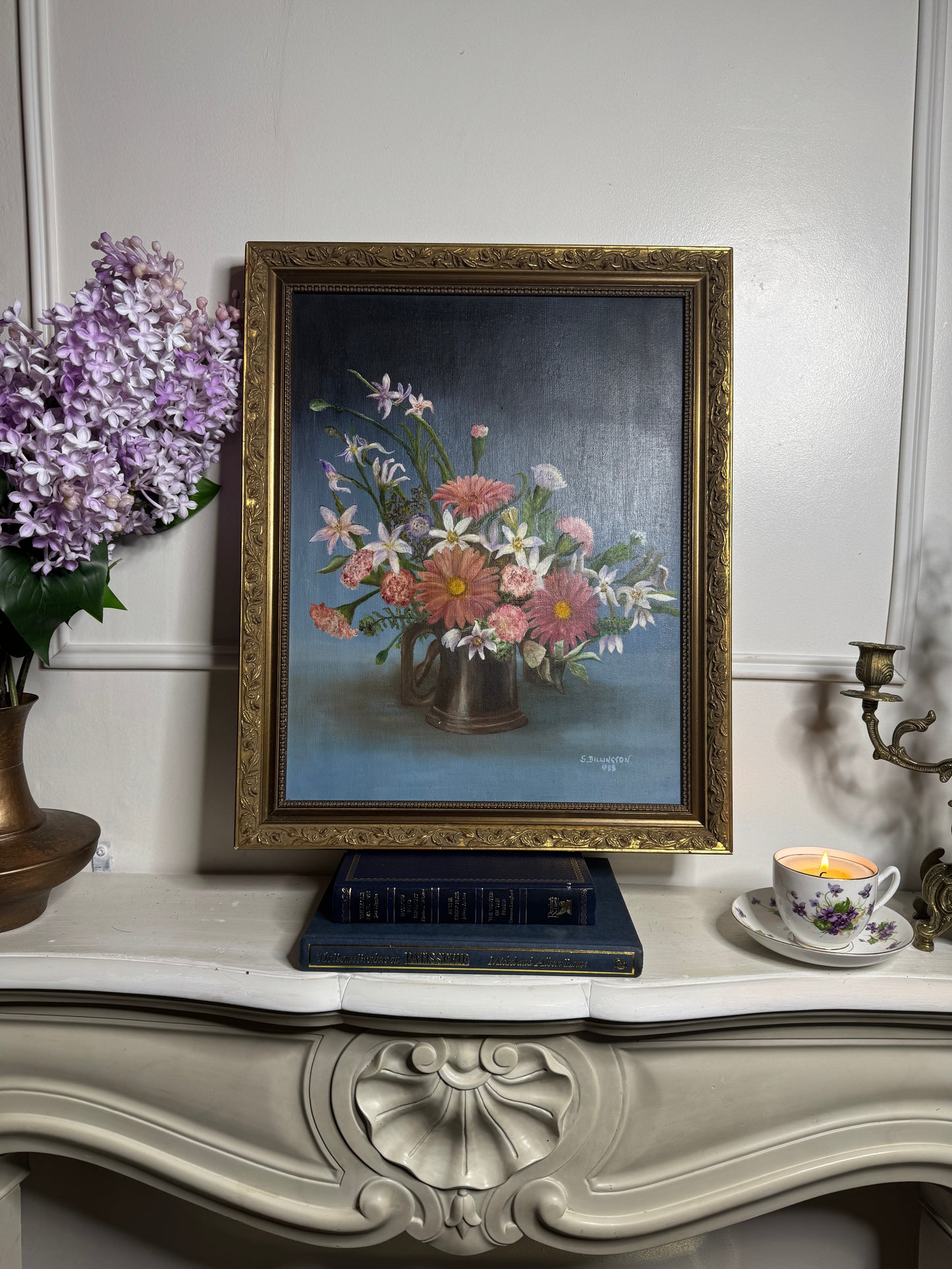 Vintage Floral Oil Painting, S. Billington, Gold Gilt Frame (53 x 42 cm)