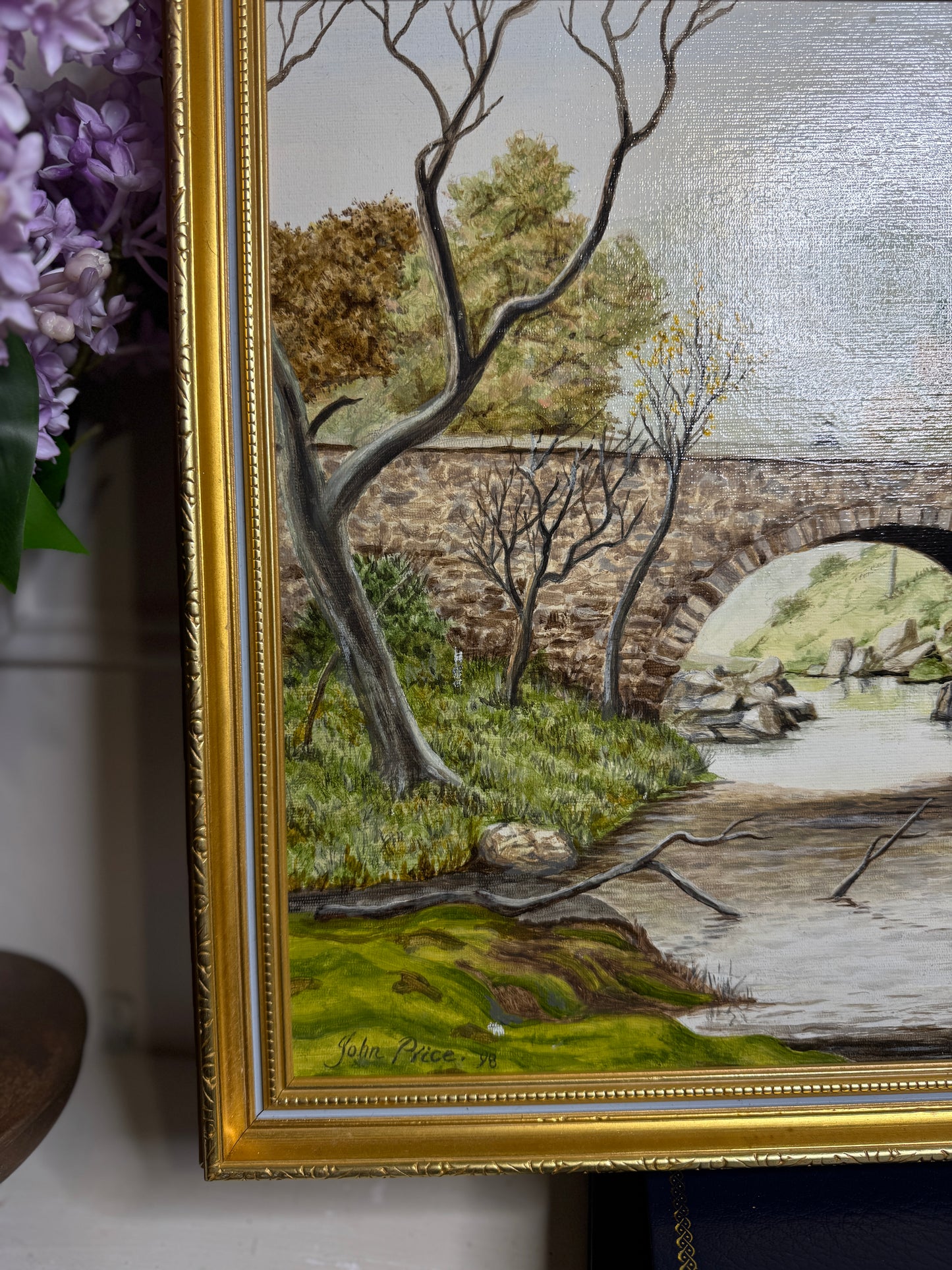 Vintage Landscape Oil Painting by John Price - 1998 in gold slim Frame