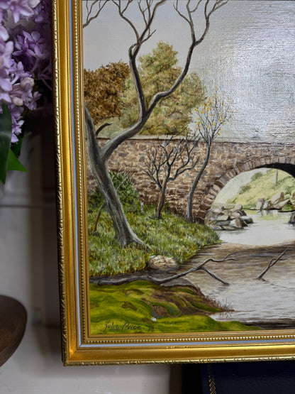 Vintage Landscape Oil Painting by John Price - 1998 in gold slim Frame