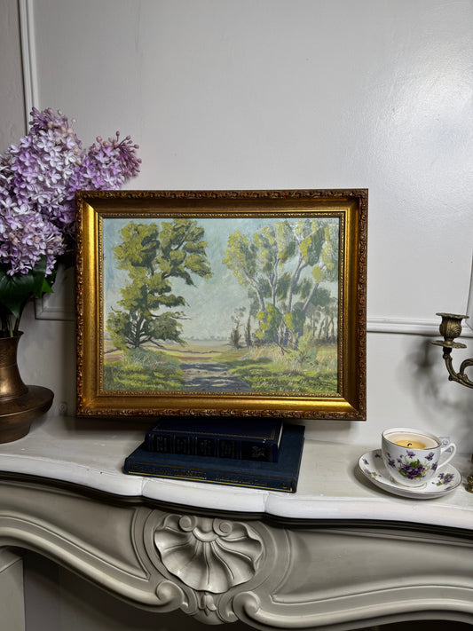 Vintage Landscape Oil Painting by H. W. Johnson (1988) – Gilt Thick Frame