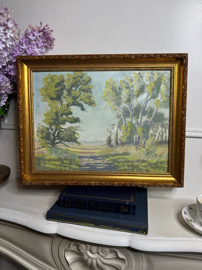 Vintage Landscape Oil Painting by H. W. Johnson (1988) – Gilt Thick Frame