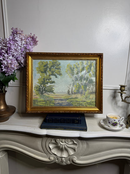 Vintage Landscape Oil Painting by H. W. Johnson (1988) – Gilt Thick Frame