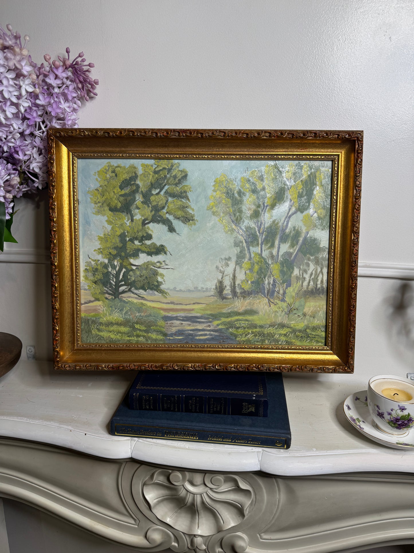 Vintage Landscape Oil Painting by H. W. Johnson (1988) – Gilt Thick Frame