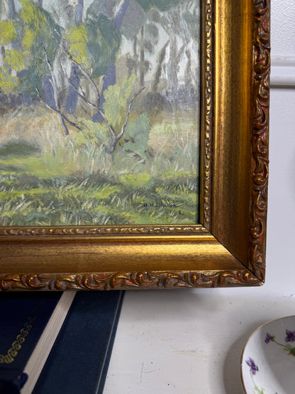 Vintage Landscape Oil Painting by H. W. Johnson (1988) – Gilt Thick Frame