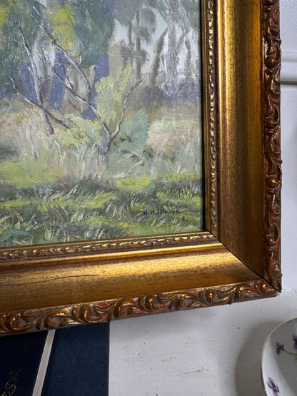 Vintage Landscape Oil Painting by H. W. Johnson (1988) – Gilt Thick Frame