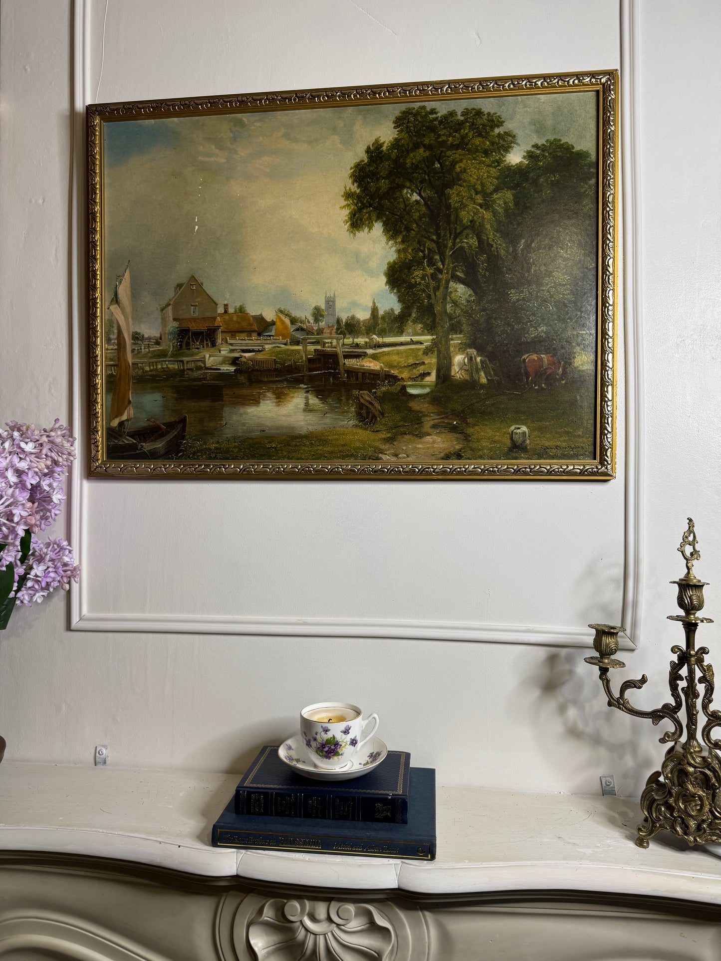 Dedham Lock & Mill After John Constable Large Vintage Print in Gold Frame