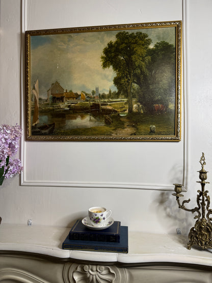 Dedham Lock & Mill After John Constable Large Vintage Print in Gold Frame