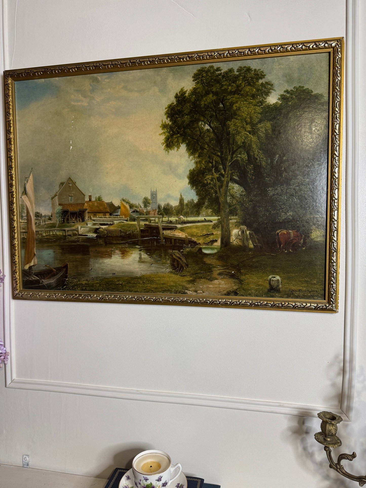 Dedham Lock & Mill After John Constable Large Vintage Print in Gold Frame