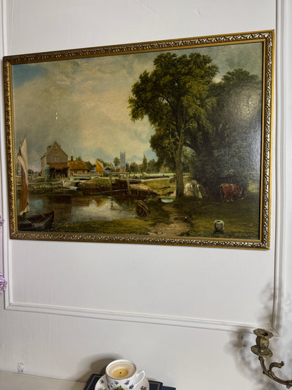 Dedham Lock & Mill After John Constable Large Vintage Print in Gold Frame