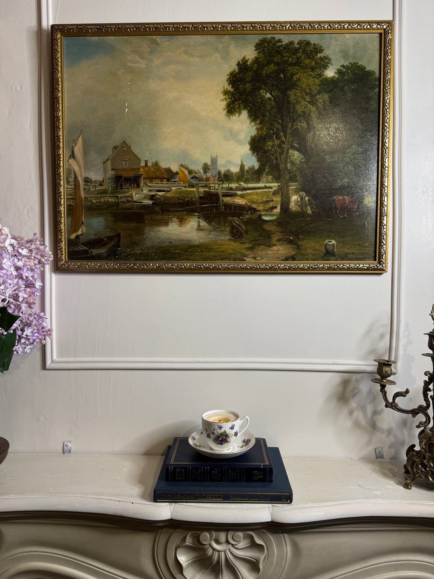 Dedham Lock & Mill After John Constable Large Vintage Print in Gold Frame