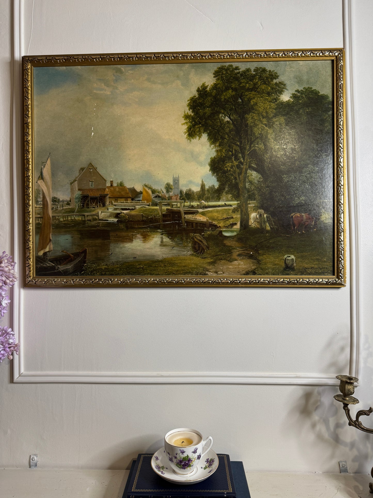 Dedham Lock & Mill After John Constable Large Vintage Print in Gold Frame