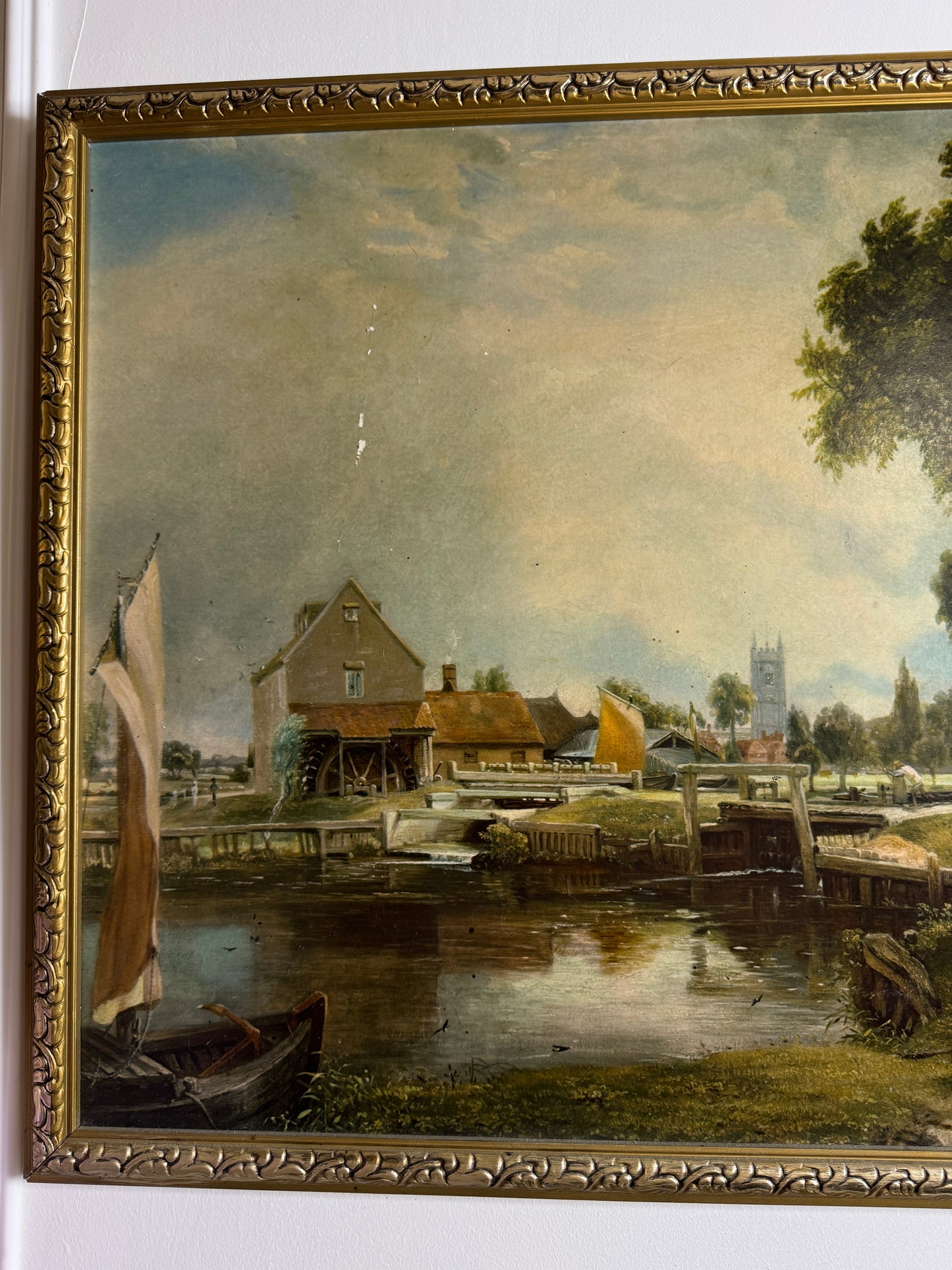 Dedham Lock & Mill After John Constable Large Vintage Print in Gold Frame