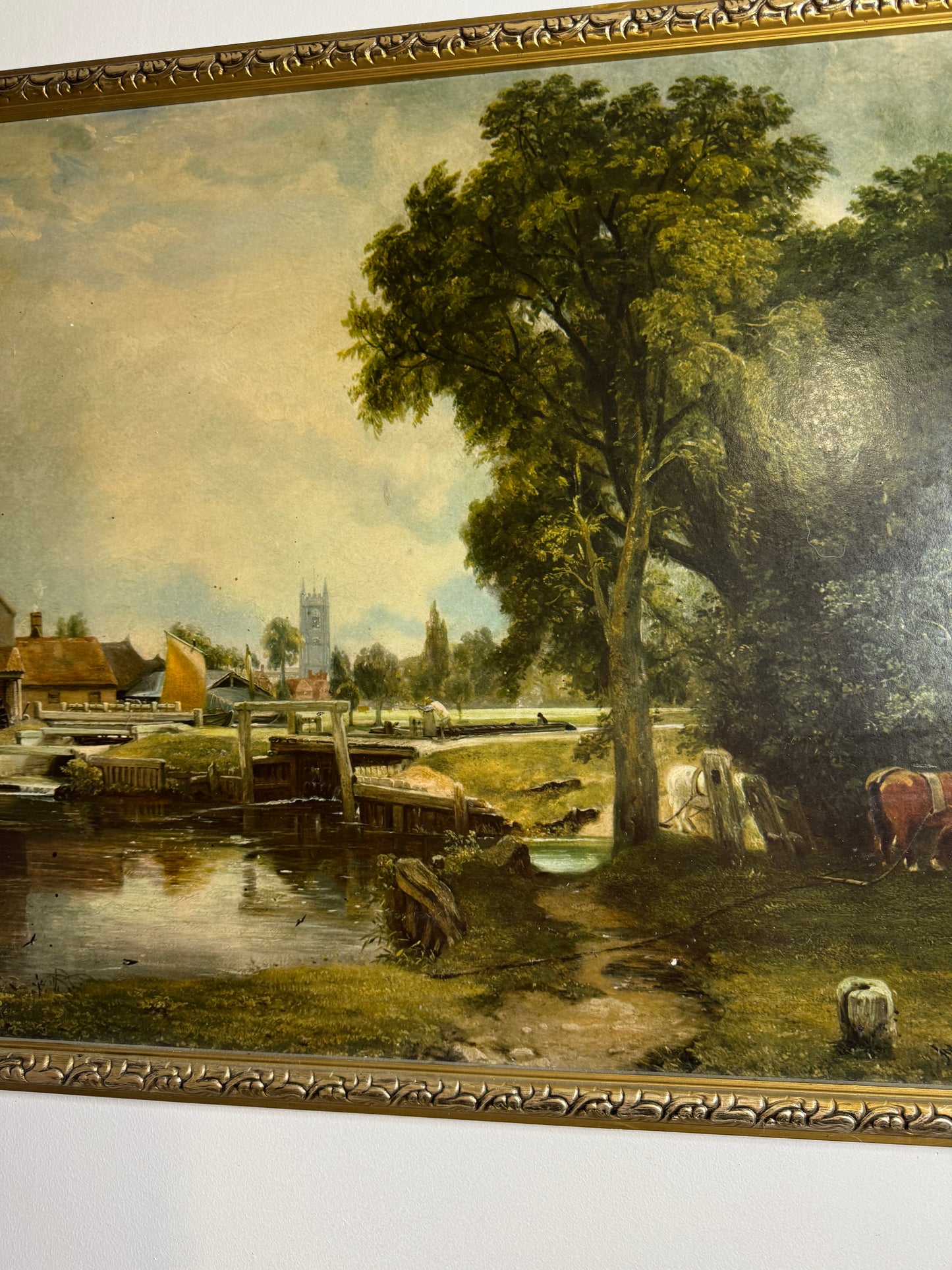 Dedham Lock & Mill After John Constable Large Vintage Print in Gold Frame