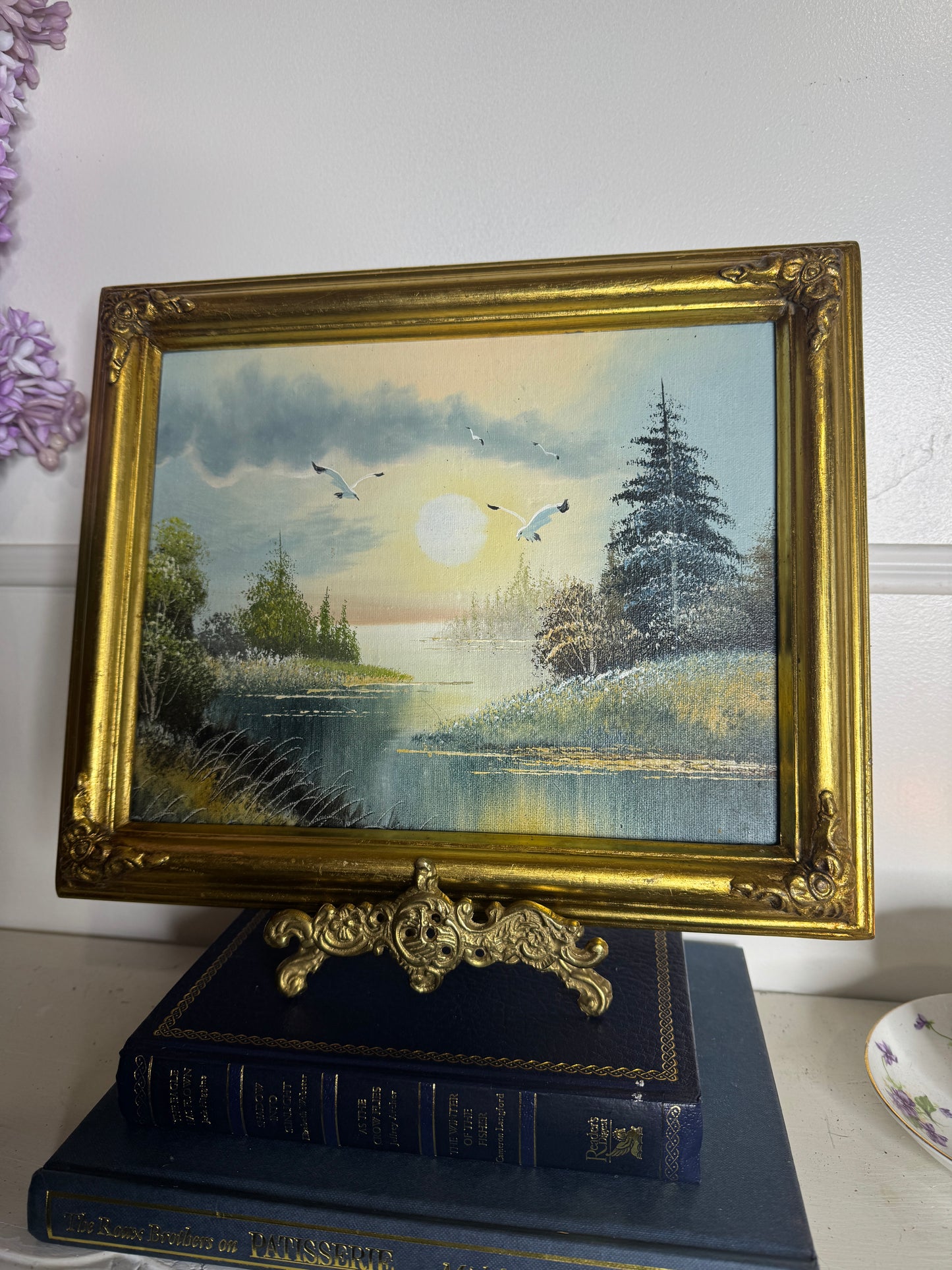 Original Seascape Small Oil Painting in Ornate Gold Frame 31 x 25 cm