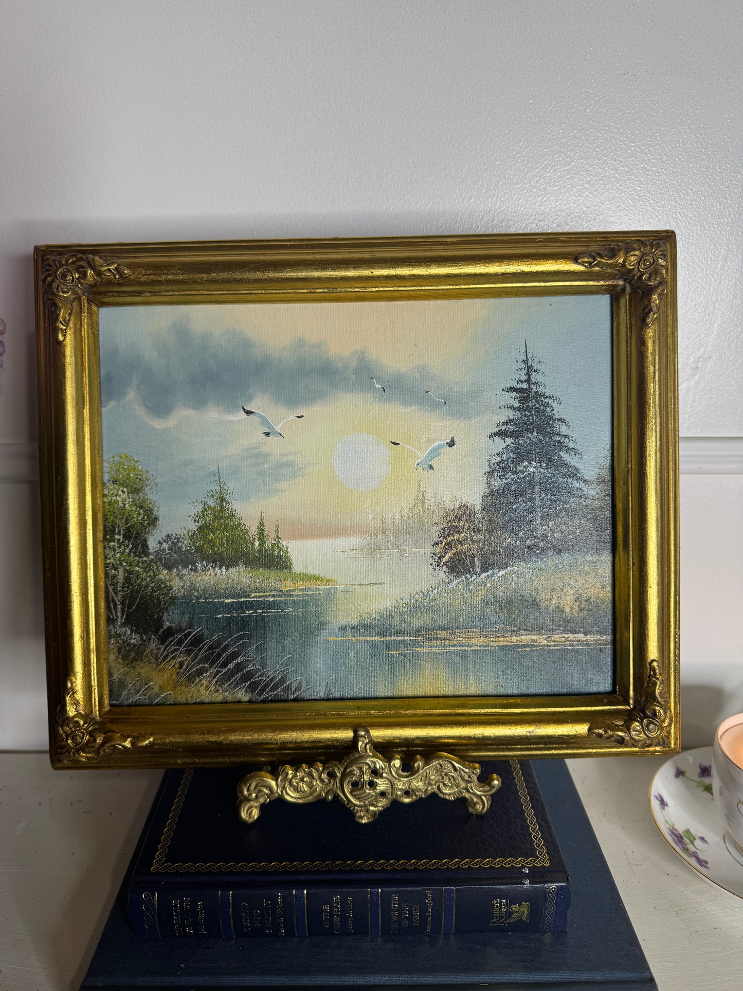 Original Seascape Small Oil Painting in Ornate Gold Frame 31 x 25 cm
