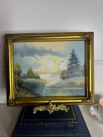 Original Seascape Small Oil Painting in Ornate Gold Frame 31 x 25 cm