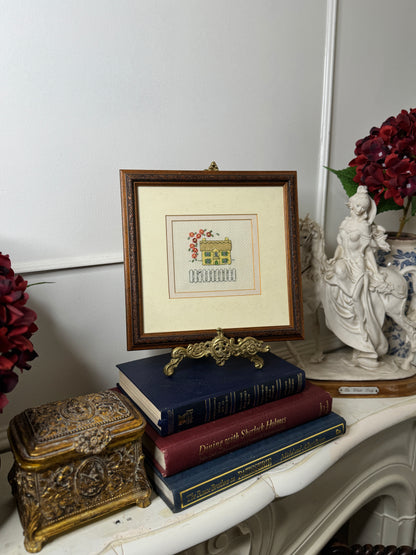 Meadow View Cottage – Vintage Embroidery Art in Carved Wood Frame