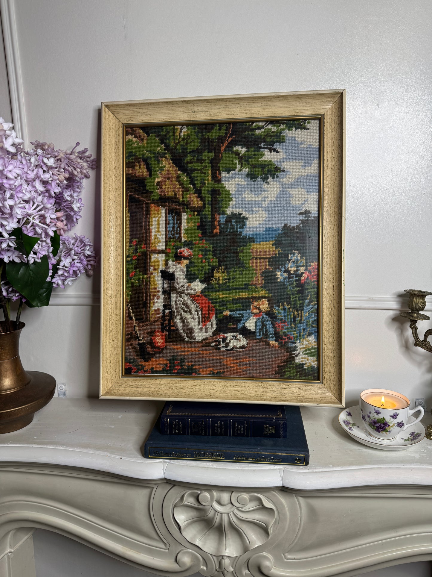 Old Days -Hand-Stitched Countryside inWhite Frame | Handmade Needlework