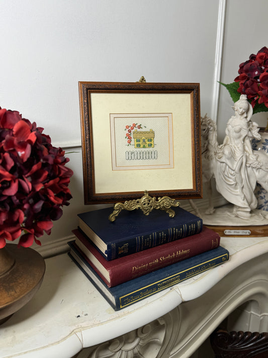 Meadow View Cottage – Vintage Embroidery Art in Carved Wood Frame