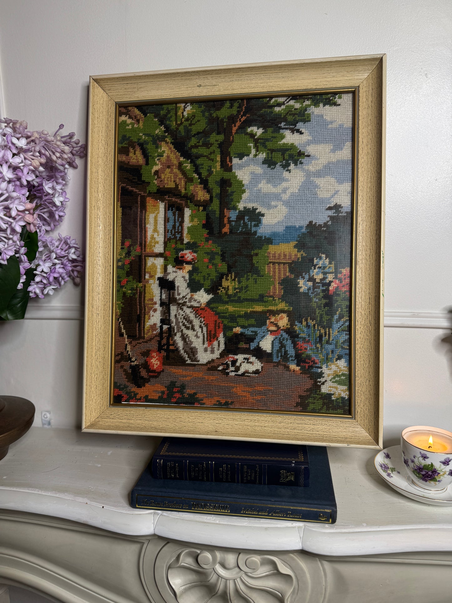 Old Days -Hand-Stitched Countryside inWhite Frame | Handmade Needlework