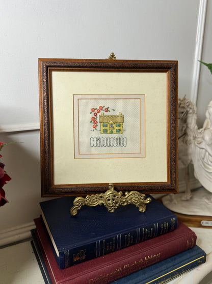 Meadow View Cottage – Vintage Embroidery Art in Carved Wood Frame