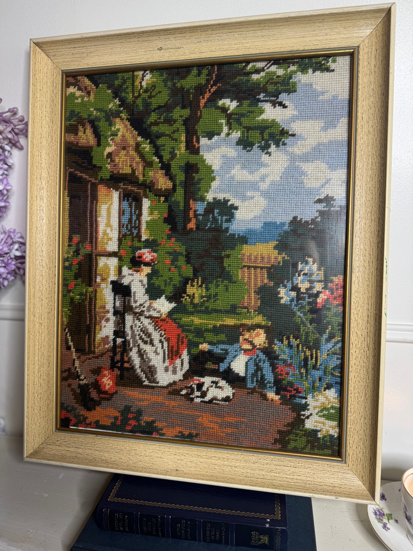 Old Days -Hand-Stitched Countryside inWhite Frame | Handmade Needlework