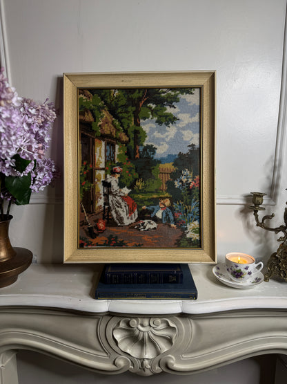 Old Days -Hand-Stitched Countryside inWhite Frame | Handmade Needlework