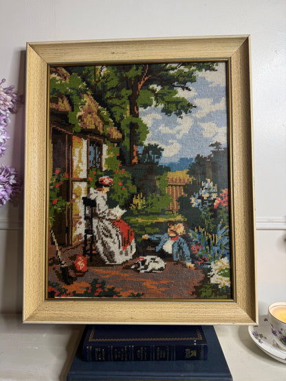 Old Days -Hand-Stitched Countryside inWhite Frame | Handmade Needlework
