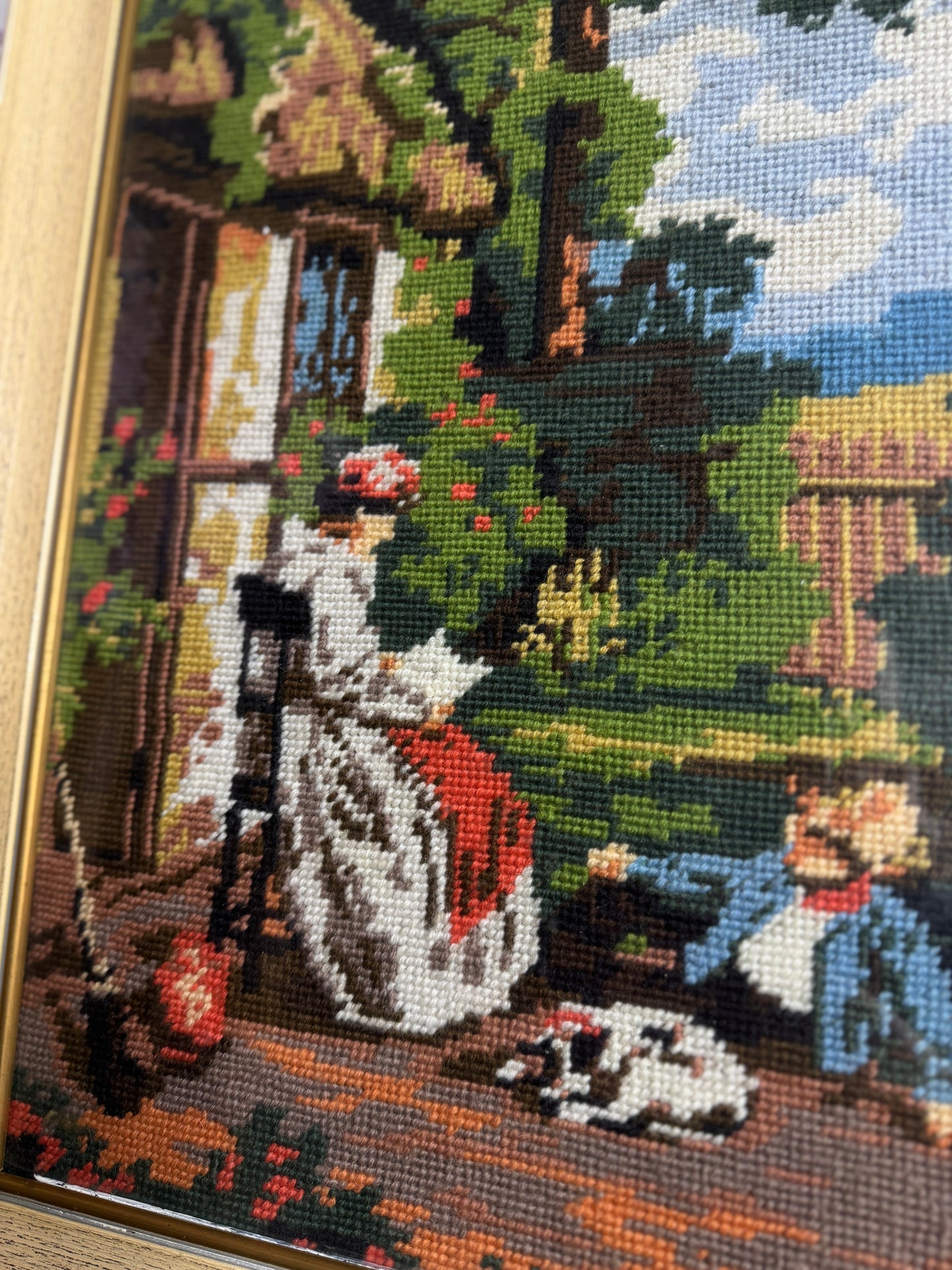 Old Days -Hand-Stitched Countryside inWhite Frame | Handmade Needlework