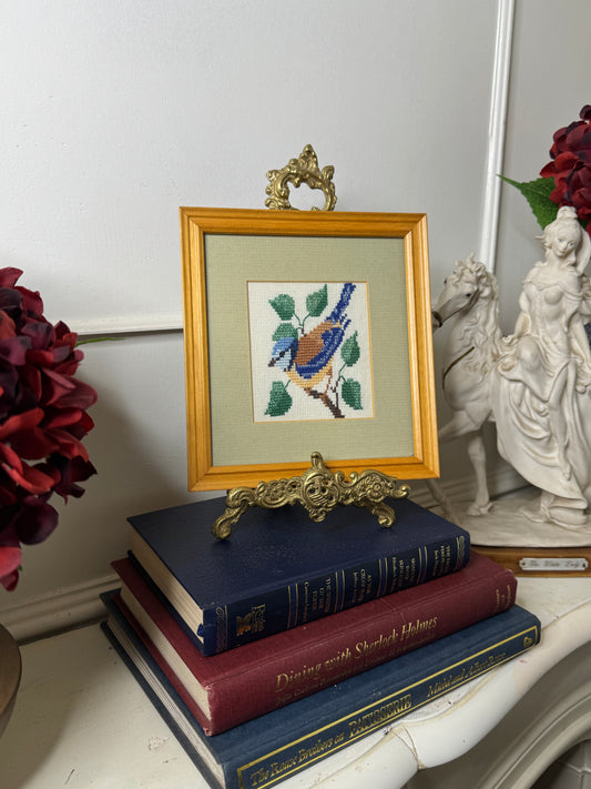 Springtime Songbird – Vintage Embroidery in Oak Frame
