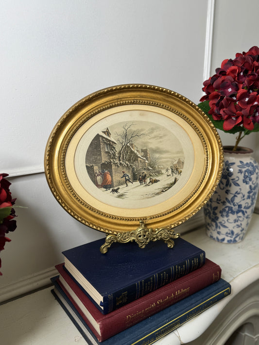 Winter Playtime – Antique Le Blond Oval Cityscape Print c.1910