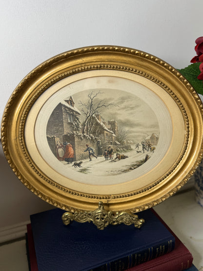 Winter Playtime – Antique Le Blond Oval Cityscape Print c.1910