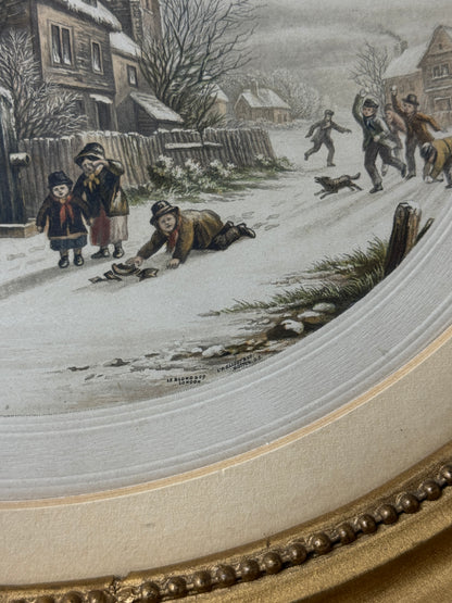 Winter Playtime – Antique Le Blond Oval Cityscape Print c.1910