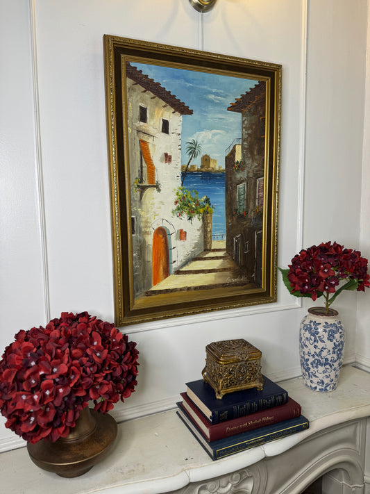 Mediterranean Coastal Village Palette Knife Oil Painting