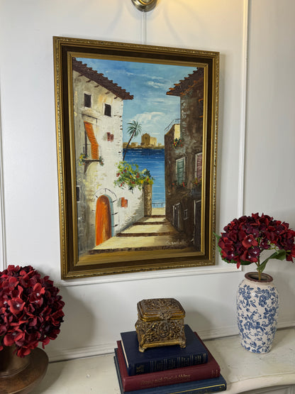 Mediterranean Coastal Village Palette Knife Oil Painting