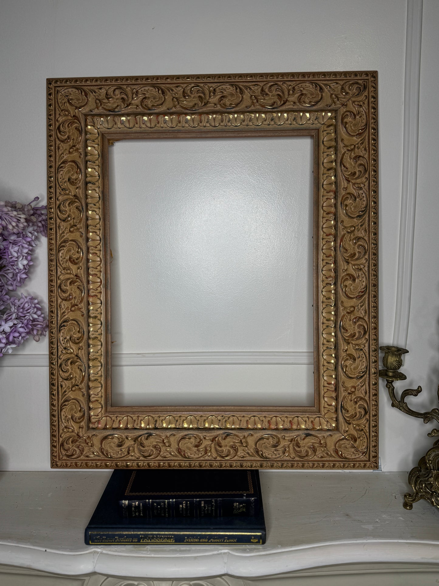 Vintage Gilt Light Pink & Beige Dusted French Chic-Style Ornate Frame: 63 x 53 cm