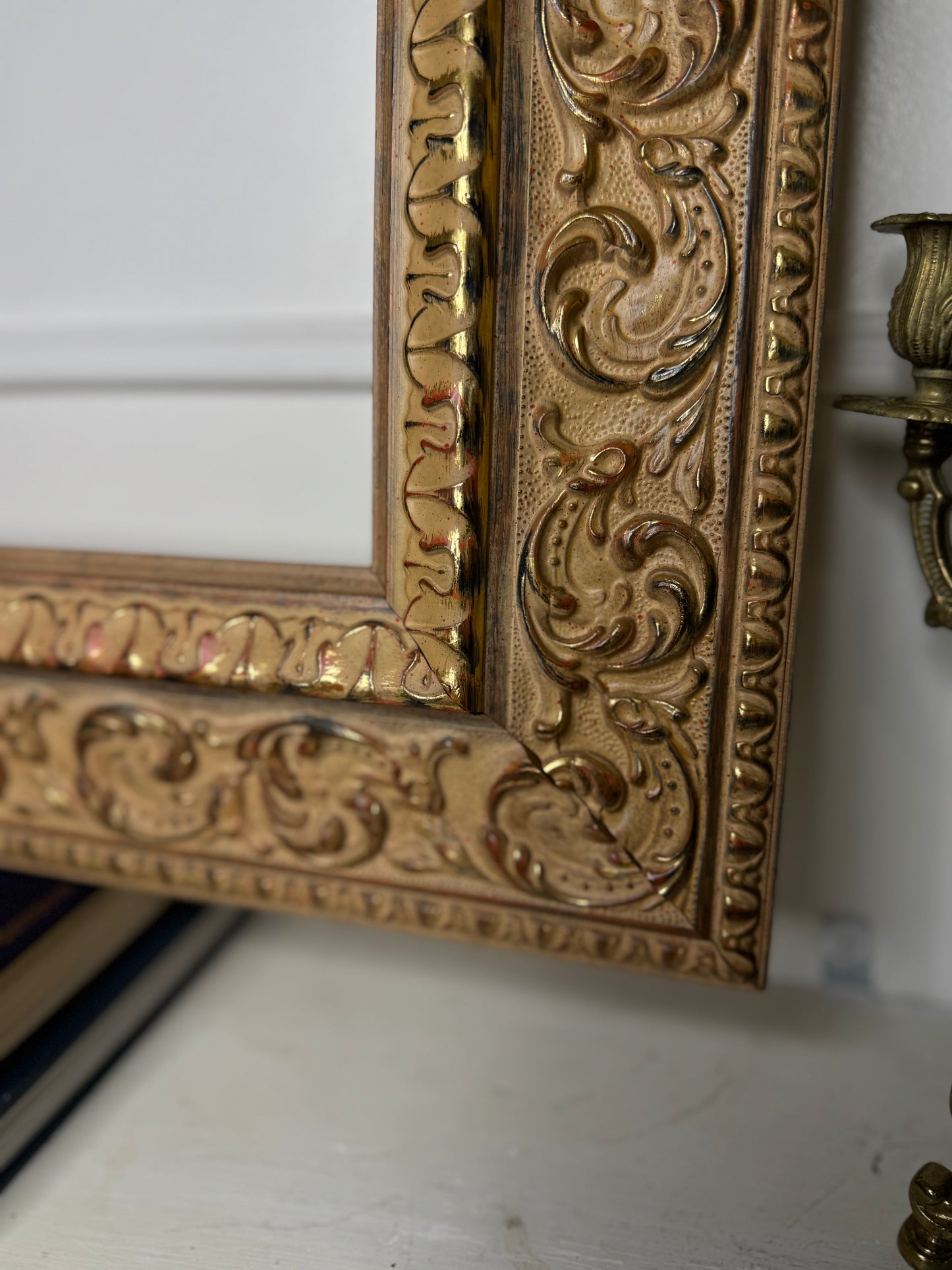 Vintage Gilt Light Pink & Beige Dusted French Chic-Style Ornate Frame: 63 x 53 cm