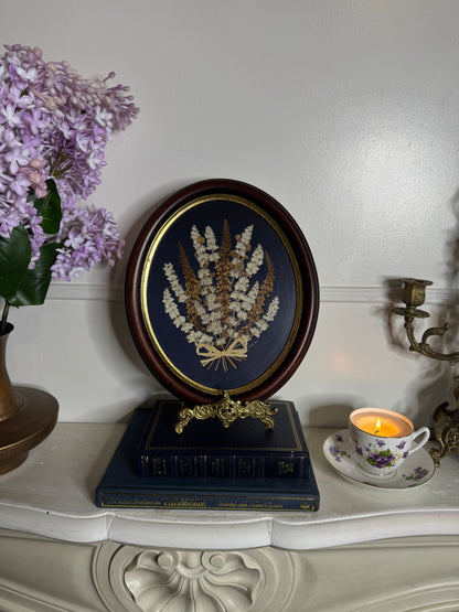 Vintage Wooden Medium Dried Floral art in Oval Frame with Gold Trim