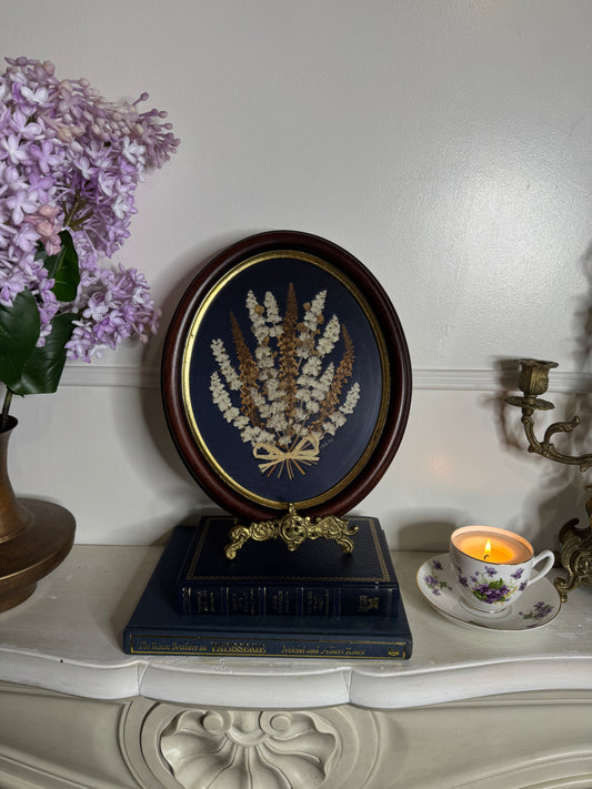 Vintage Wooden Medium Dried Floral art in Oval Frame with Gold Trim