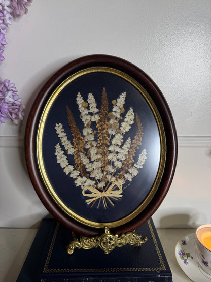 Vintage Wooden Medium Dried Floral art in Oval Frame with Gold Trim