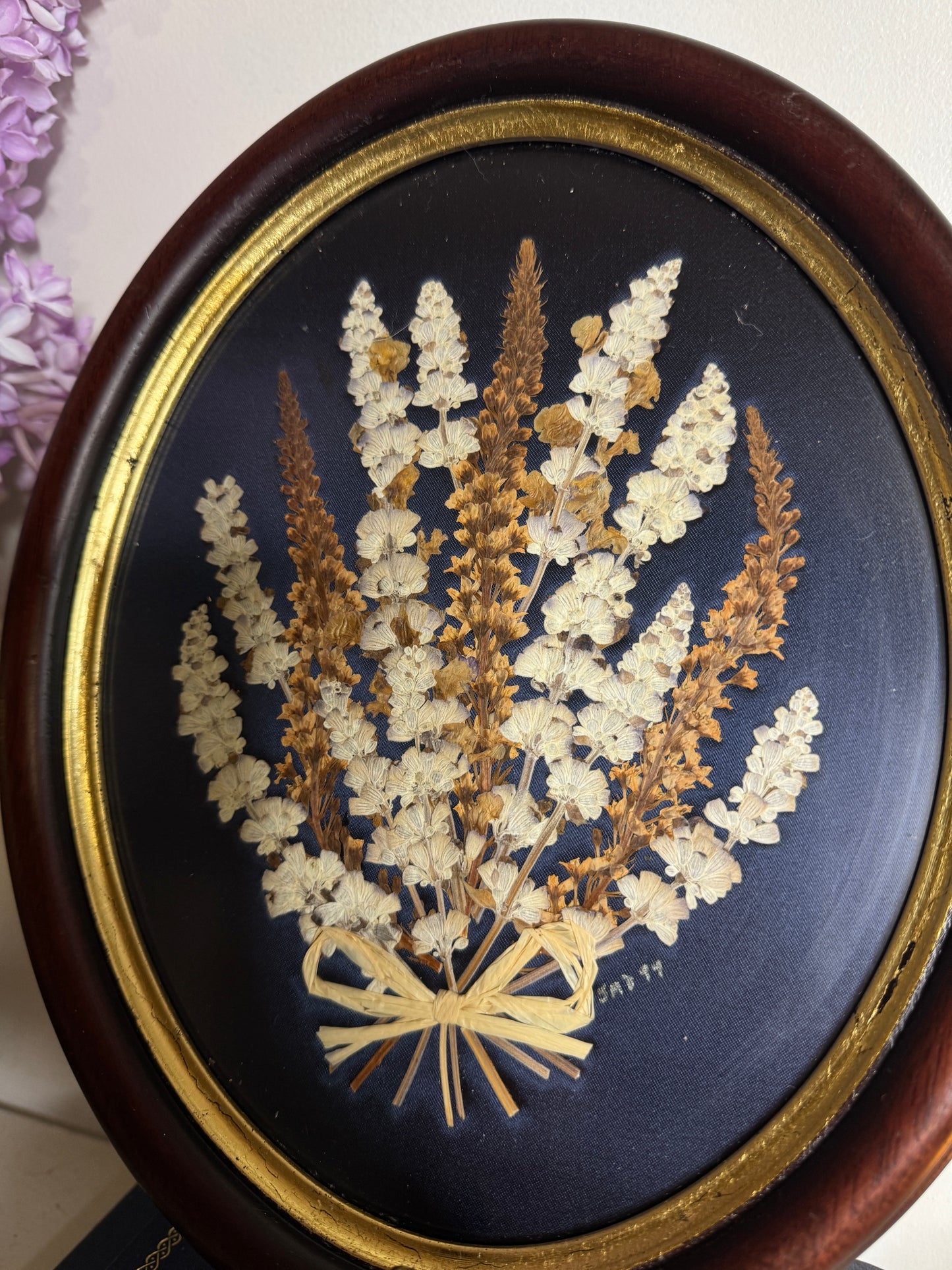 Vintage Wooden Medium Dried Floral art in Oval Frame with Gold Trim
