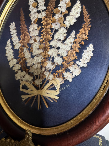 Vintage Wooden Medium Dried Floral art in Oval Frame with Gold Trim